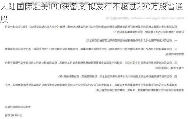 大陆国际赴美IPO获备案 拟发行不超过230万股普通股