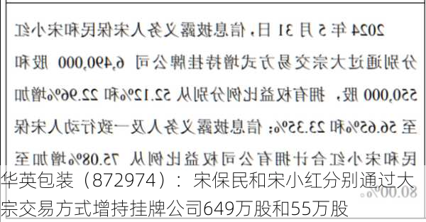 华英包装（872974）：宋保民和宋小红分别通过大宗交易方式增持挂牌公司649万股和55万股