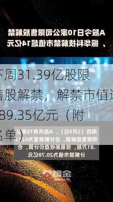 下周31.39亿股限售股解禁，解禁市值达489.35亿元（附名单）