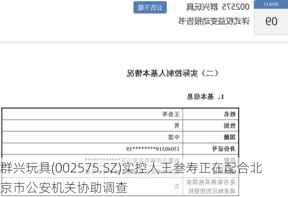 群兴玩具(002575.SZ)实控人王叁寿正在配合北京市公安机关协助调查