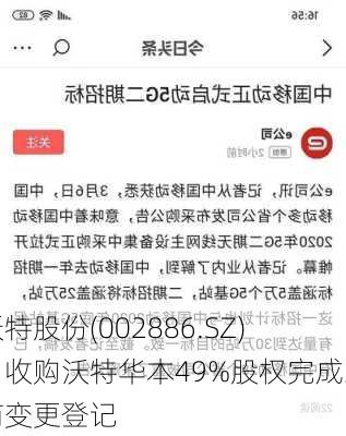 沃特股份(002886.SZ)：收购沃特华本49%股权完成工商变更登记