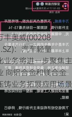 万丰奥威(002085.SZ)：汽车轻量化业务将进一步聚焦主业 向铝合金和镁合金压铸业务拓展应用场景