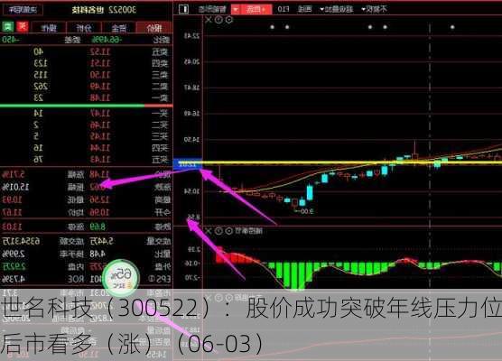 世名科技（300522）：股价成功突破年线压力位-后市看多（涨）（06-03）