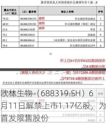 欧林生物（688319.SH）6月11日解禁上市1.17亿股，为首发限售股份