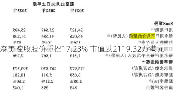 森美控股股价重挫17.23% 市值跌2119.32万港元