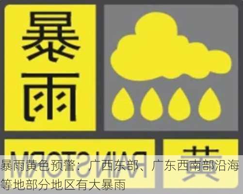 暴雨黄色预警：广西东部、广东西南部沿海等地部分地区有大暴雨