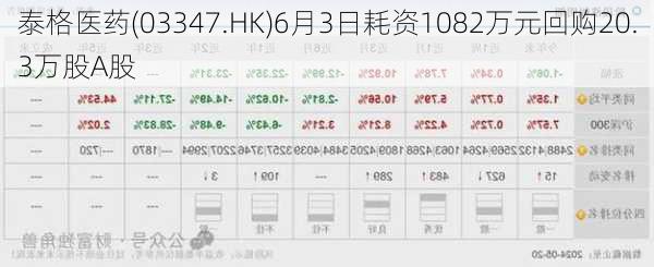 泰格医药(03347.HK)6月3日耗资1082万元回购20.3万股A股