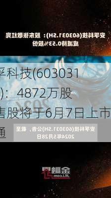 安孚科技(603031.SH)：4872万股限售股将于6月7日上市流通