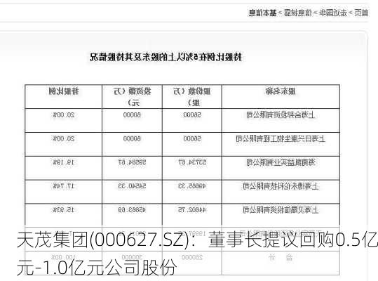 天茂集团(000627.SZ)：董事长提议回购0.5亿元-1.0亿元公司股份