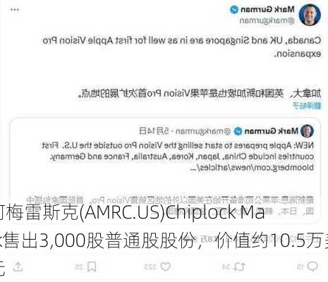 阿梅雷斯克(AMRC.US)Chiplock Mark售出3,000股普通股股份，价值约10.5万美元