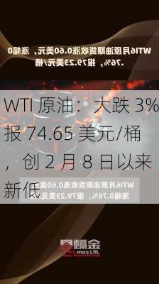 WTI 原油：大跌 3%报 74.65 美元/桶，创 2 月 8 日以来新低