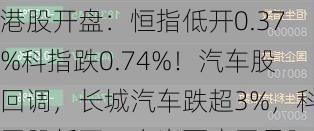 港股开盘：恒指低开0.37%科指跌0.74%！汽车股回调，长城汽车跌超3%，科网股低开，小米百度网易阿里跌1%