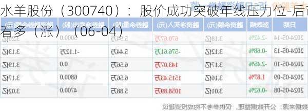 水羊股份（300740）：股价成功突破年线压力位-后市看多（涨）（06-04）