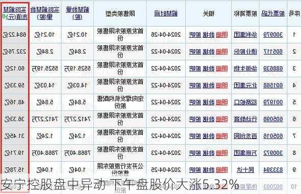 安宁控股盘中异动 下午盘股价大涨5.32%