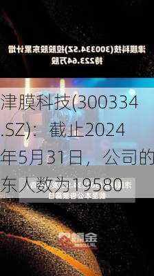 津膜科技(300334.SZ)：截止2024年5月31日，公司的股东人数为19580