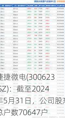 捷捷微电(300623.SZ)：截至2024年5月31日，公司股东总户数70647户