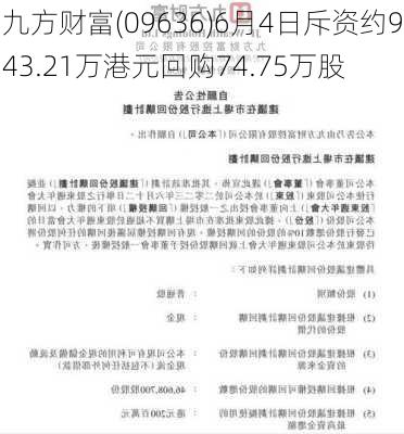 九方财富(09636)6月4日斥资约943.21万港元回购74.75万股