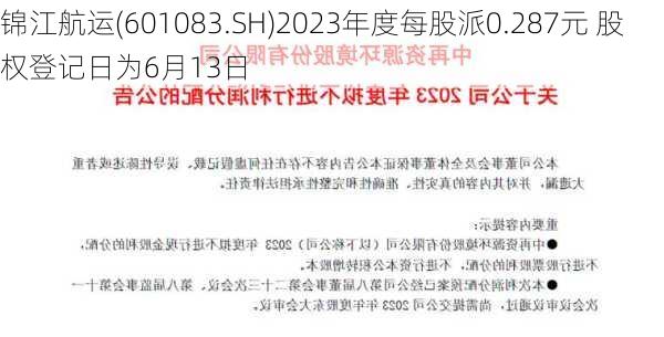 锦江航运(601083.SH)2023年度每股派0.287元 股权登记日为6月13日