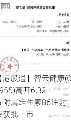 【港股通】智云健康(09955)高开6.32% 附属维生素B6注射液获批上市