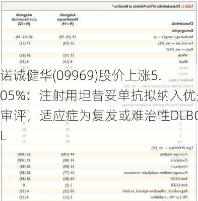 诺诚健华(09969)股价上涨5.05%：注射用坦昔妥单抗拟纳入优先审评，适应症为复发或难治性DLBCL