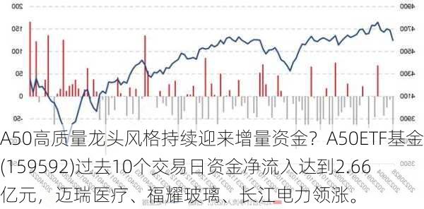 A50高质量龙头风格持续迎来增量资金？A50ETF基金(159592)过去10个交易日资金净流入达到2.66亿元，迈瑞医疗、福耀玻璃、长江电力领涨。