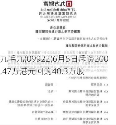 九毛九(09922)6月5日斥资200.47万港元回购40.3万股