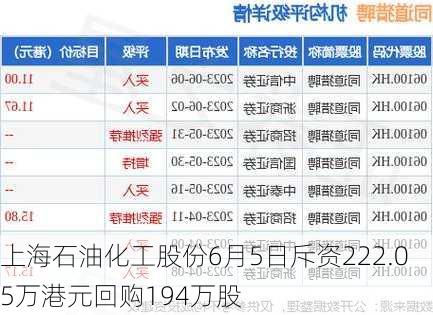 上海石油化工股份6月5日斥资222.05万港元回购194万股