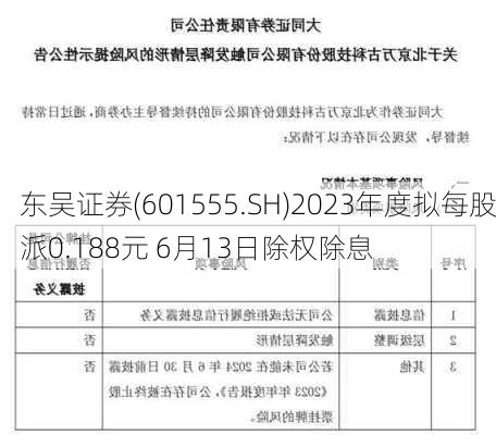 东吴证券(601555.SH)2023年度拟每股派0.188元 6月13日除权除息