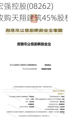 宏强控股(08262)收购天翔建筑45%股权