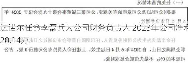 达诺尔任命李磊兵为公司财务负责人 2023年公司净利620.14万