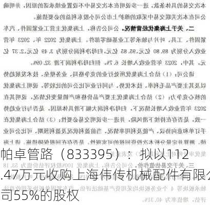 帕卓管路（833395）：拟以112.47万元收购上海伟传机械配件有限公司55%的股权