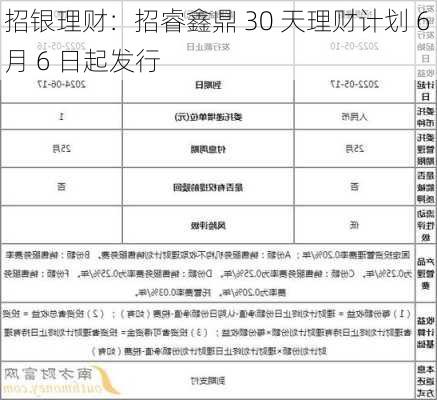 招银理财：招睿鑫鼎 30 天理财计划 6 月 6 日起发行