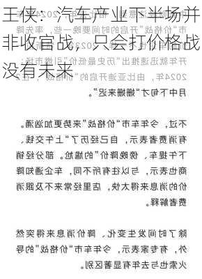 王侠：汽车产业下半场并非收官战，只会打价格战没有未来