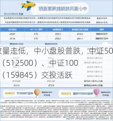 A股放量走低，中小盘股普跌，中证500ETF（512500）、中证1000ETF（159845）交投活跃