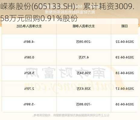 嵘泰股份(605133.SH)：累计耗资3009.58万元回购0.91%股份