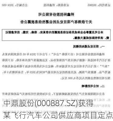 中鼎股份(000887.SZ)获得某飞行汽车公司供应商项目定点