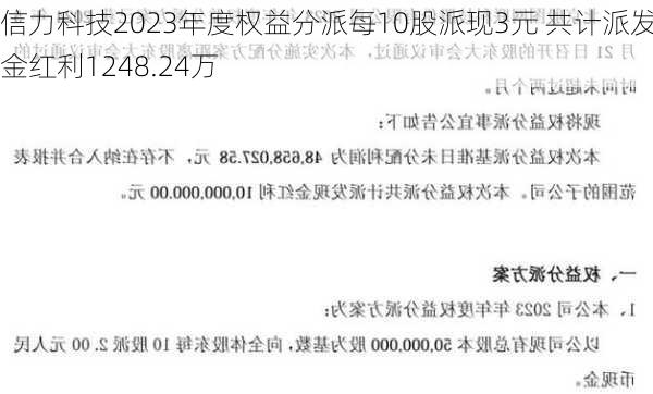 信力科技2023年度权益分派每10股派现3元 共计派发现金红利1248.24万