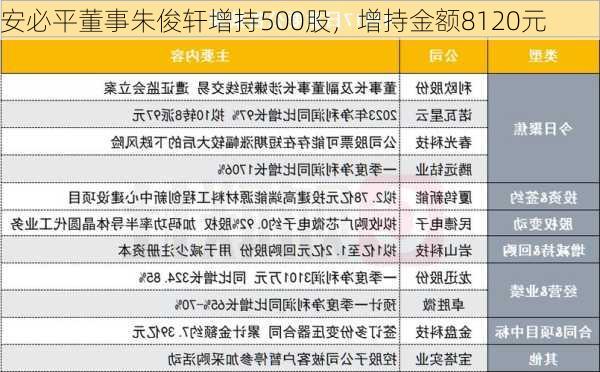 安必平董事朱俊轩增持500股，增持金额8120元