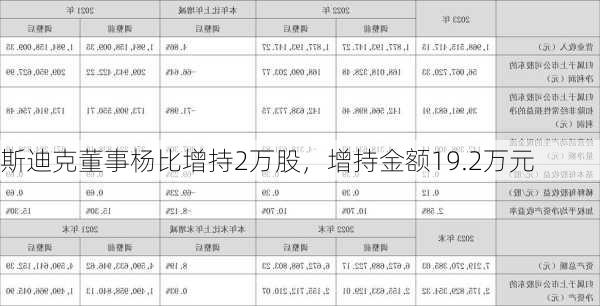 斯迪克董事杨比增持2万股，增持金额19.2万元