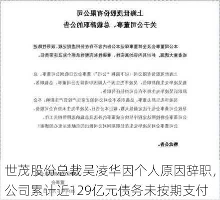 世茂股份总裁吴凌华因个人原因辞职，公司累计近129亿元债务未按期支付