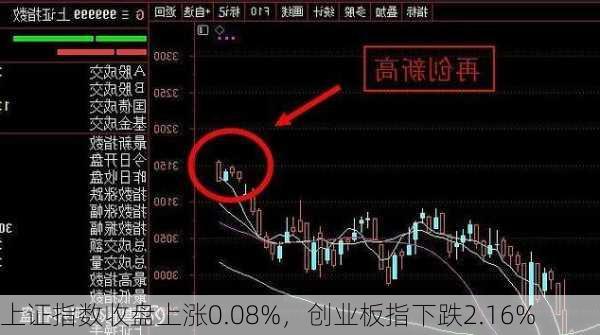 上证指数收盘上涨0.08%，创业板指下跌2.16%