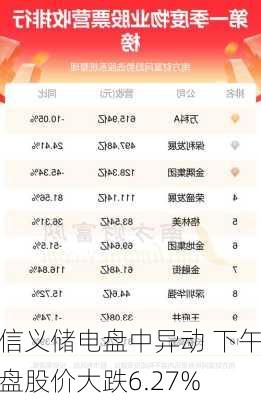 信义储电盘中异动 下午盘股价大跌6.27%