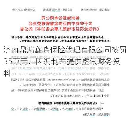 济南鼎鸿鑫峰保险代理有限公司被罚35万元：因编制并提供虚假财务资料