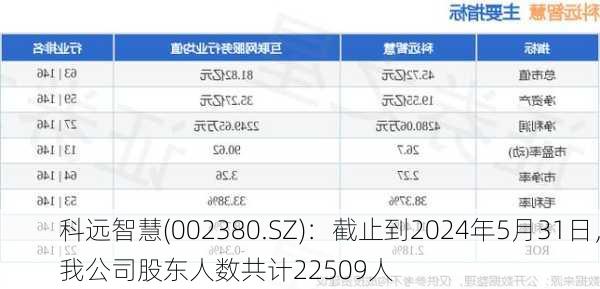 科远智慧(002380.SZ)：截止到2024年5月31日，我公司股东人数共计22509人