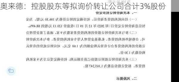 奥来德：控股股东等拟询价转让公司合计3%股份