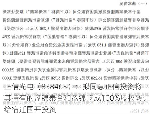 正信光电（838463）：拟同意正信投资将其持有的盘锦泰合和盘锦屹成100%股权转让给宿迁国开投资