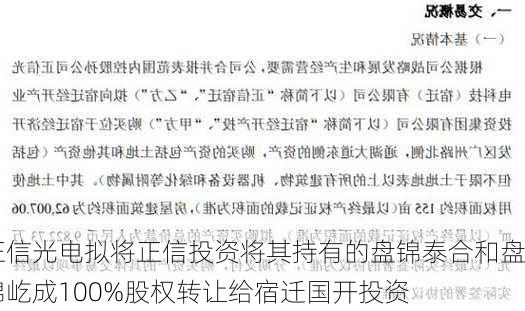 正信光电拟将正信投资将其持有的盘锦泰合和盘锦屹成100%股权转让给宿迁国开投资