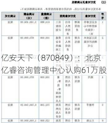 亿安天下（870849）：北京亿睿咨询管理中心认购61万股