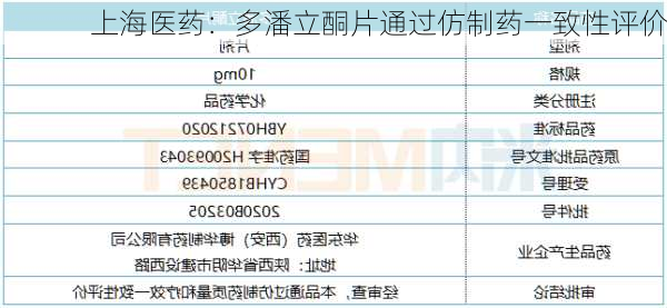 上海医药：多潘立酮片通过仿制药一致性评价
