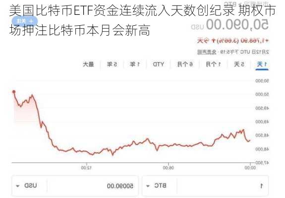 美国比特币ETF资金连续流入天数创纪录 期权市场押注比特币本月会新高